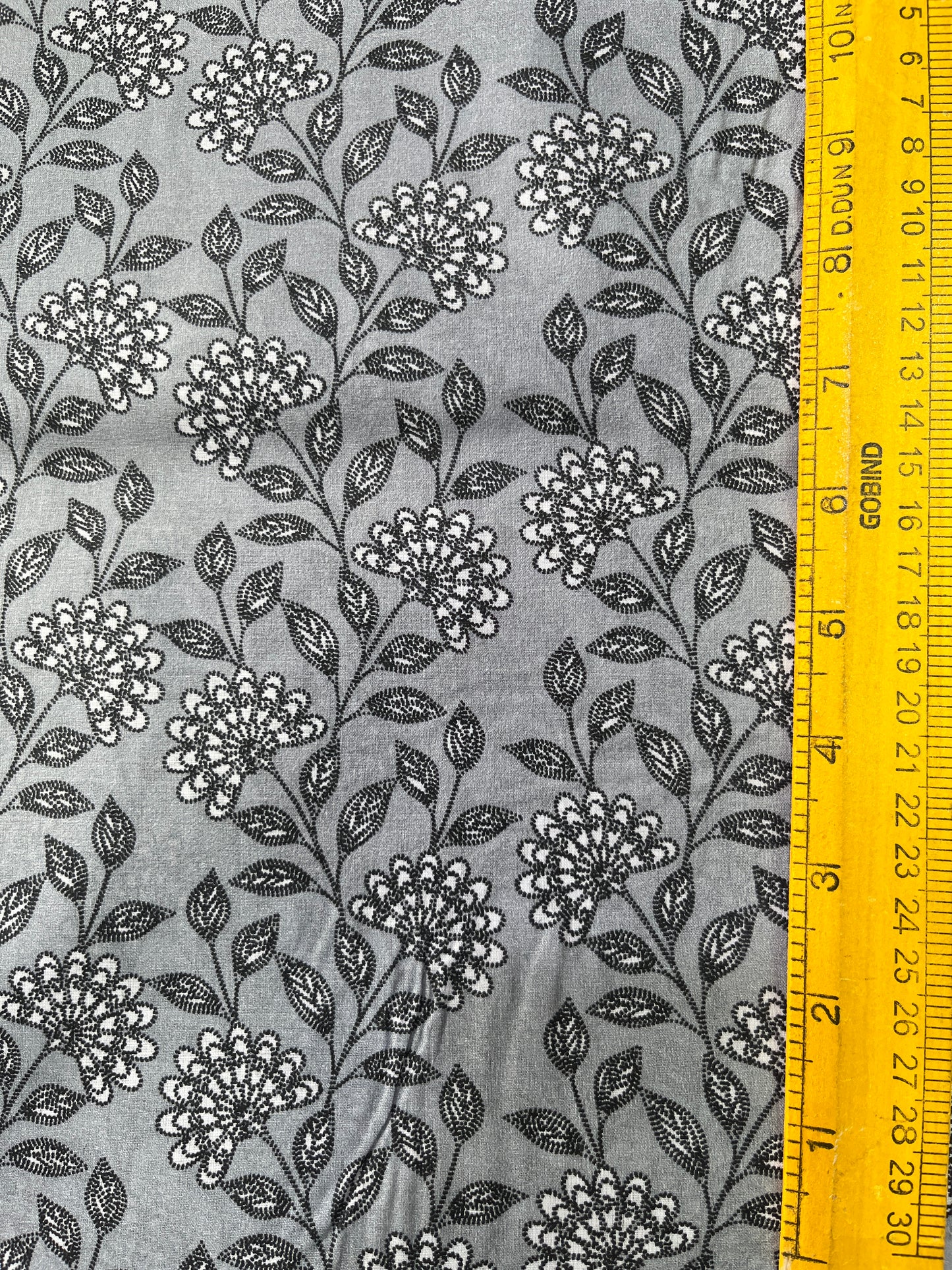 Premium Grey Addi/Paper Cotton Kurta Fabric with Black Floral Print – Ultra-Light & Breathable, 58" Wide