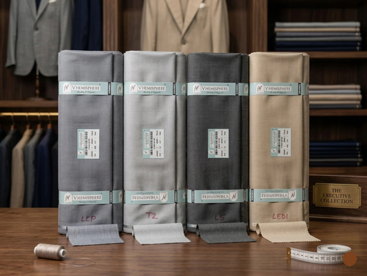 Four packages of fabric with labels on a wooden surface, with clothing in the background.