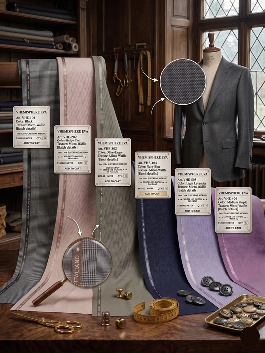 Tailor shop with suit, fabric swatches, and sewing tools on a wooden table.