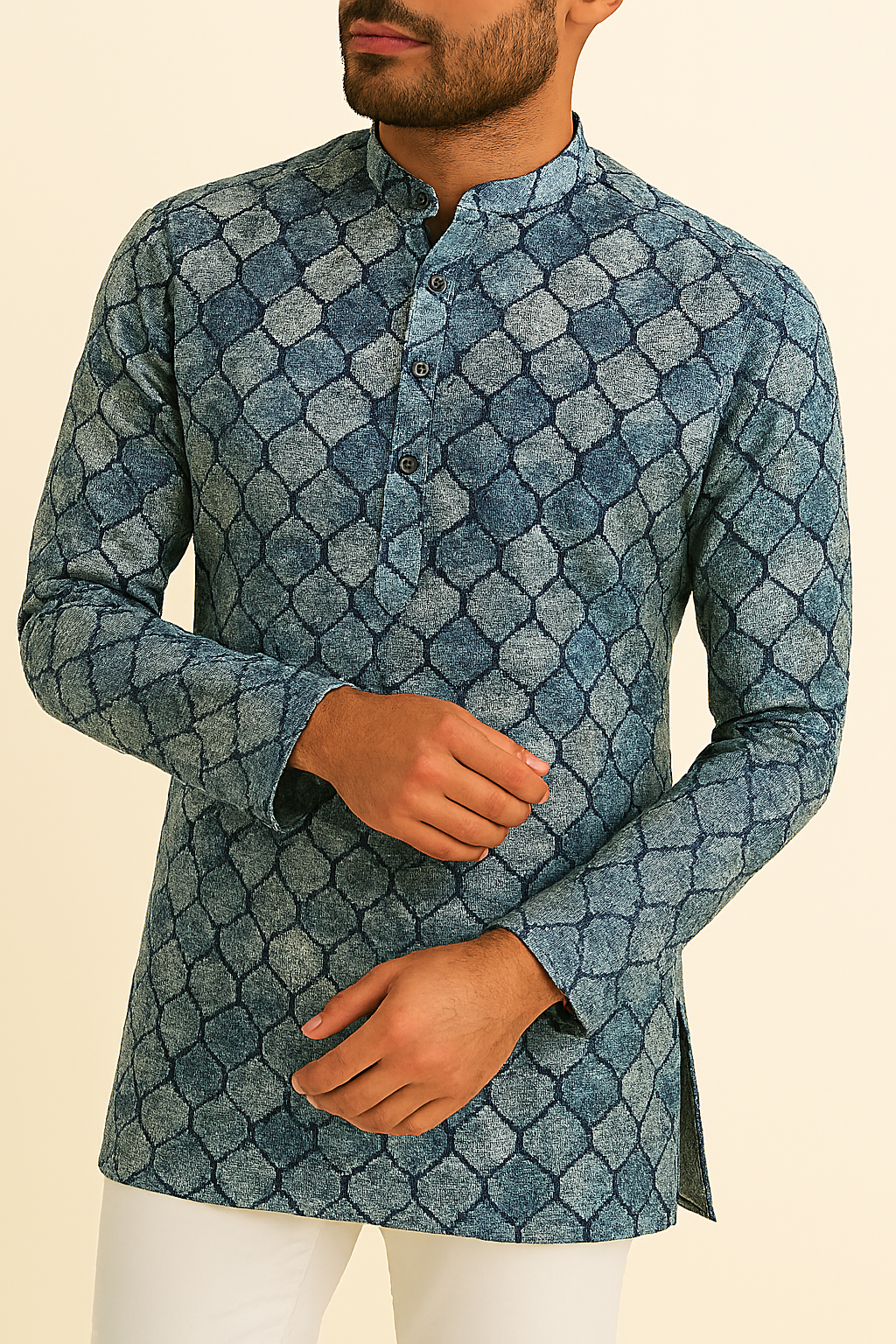 Premium Blue & Grey Geometric Print Addi/Paper Cotton Kurta Fabric – Ultra-Breathable, 58" Wide