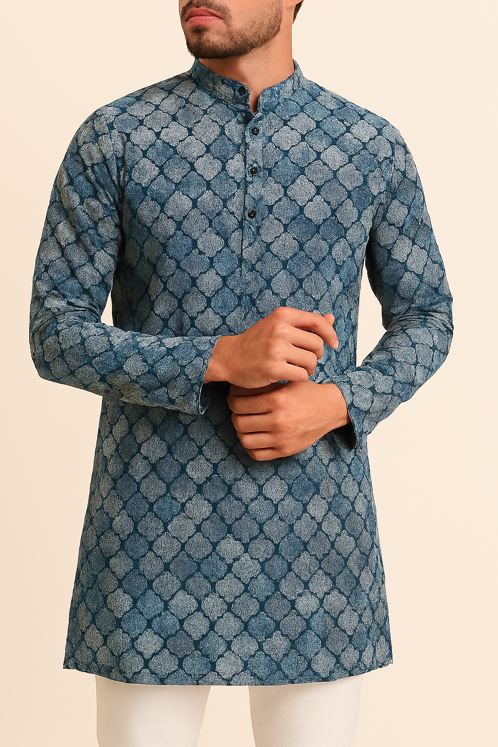 Premium Blue & Grey Geometric Print Addi/Paper Cotton Kurta Fabric – Ultra-Breathable, 58" Wide