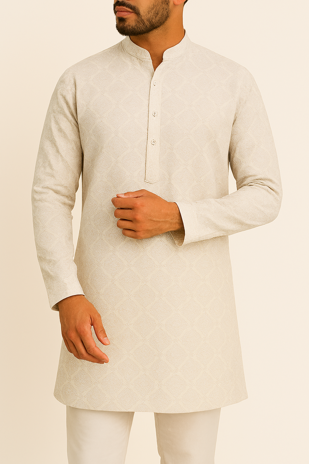 Premium Cream Addi/Paper Cotton Jacquard Print Kurta Fabric – 58” Width for Ultra-Light Tailoring