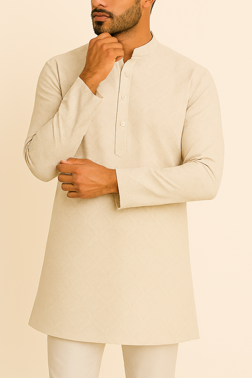 Premium Cream Addi/Paper Cotton Jacquard Print Kurta Fabric – 58” Width for Ultra-Light Tailoring