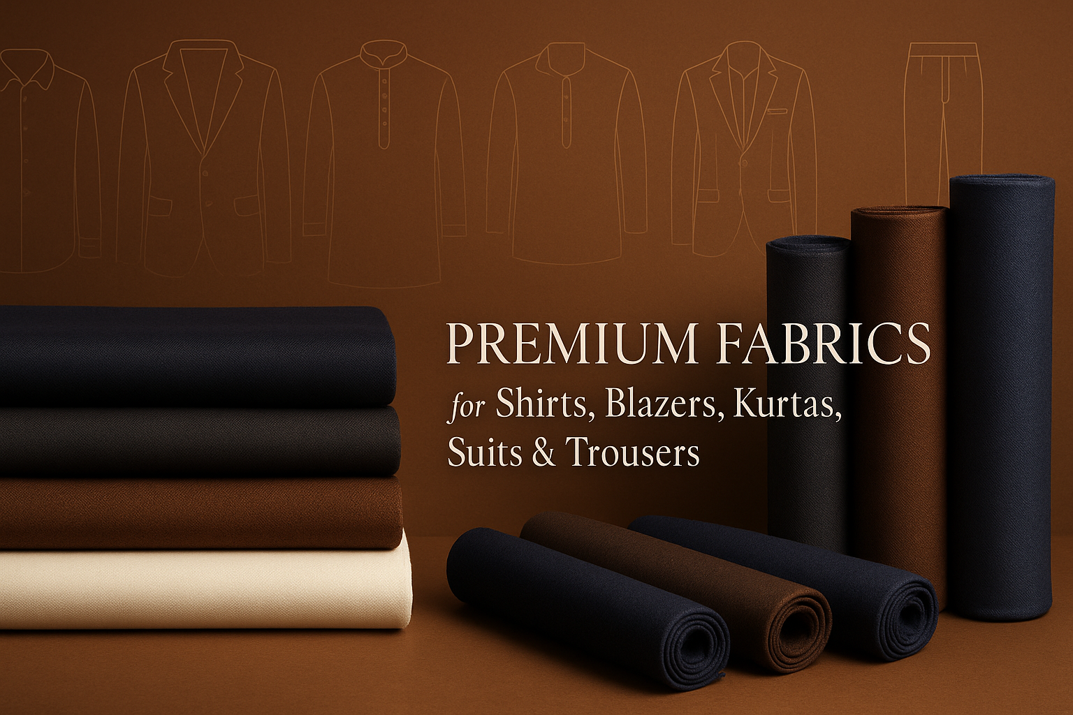 create a banner image that accurately describes that this website sells high quality fabrics for shirts, blazers, kurtas, suits and trousers