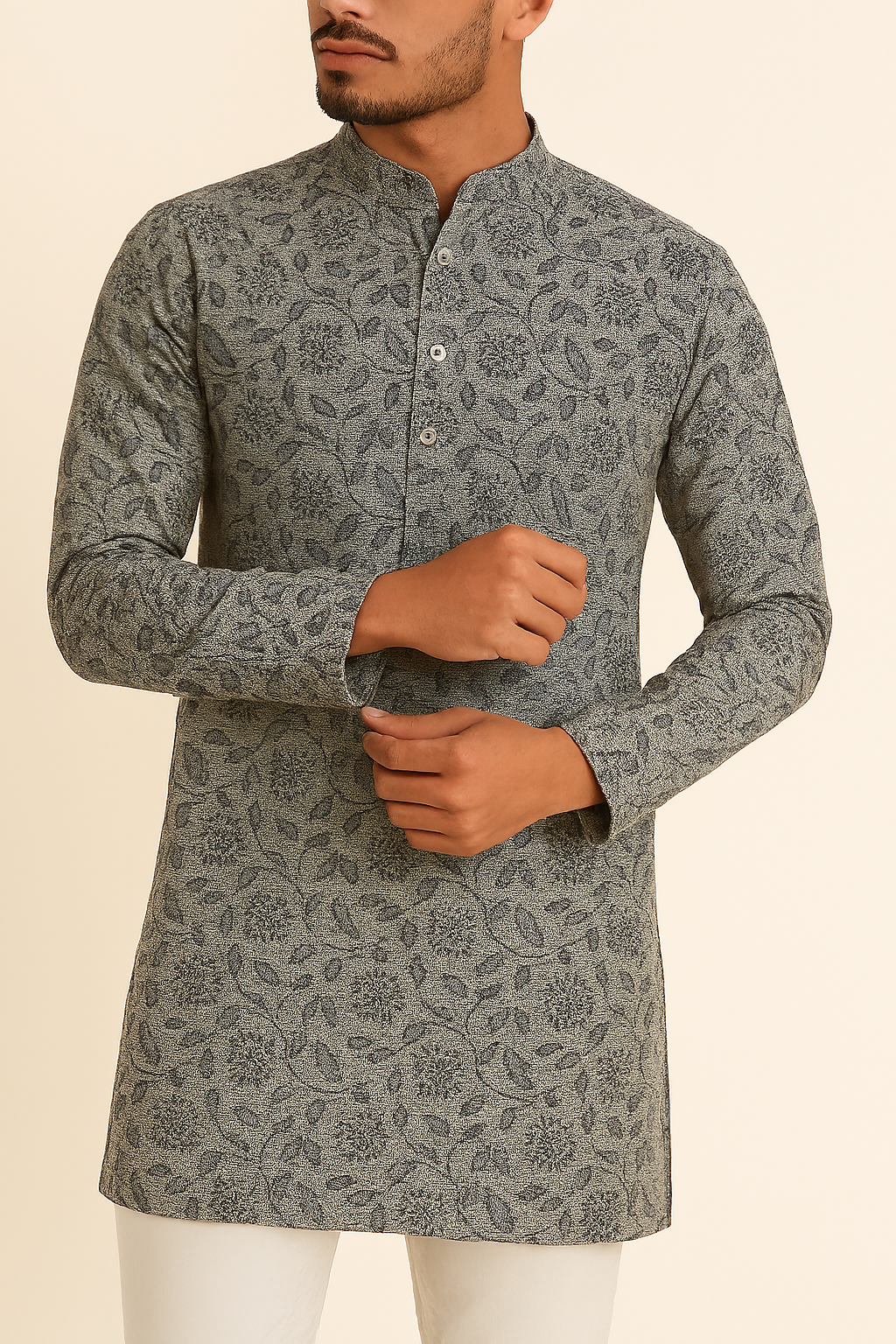 Premium Grey Addi/Paper Cotton Kurta Fabric with Black Floral Print – Ultra-Light & Breathable, 58" Wide