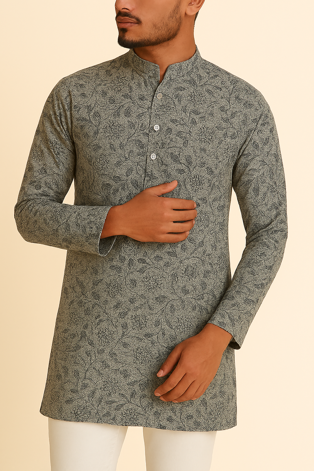 Premium Grey Addi/Paper Cotton Kurta Fabric with Black Floral Print – Ultra-Light & Breathable, 58" Wide