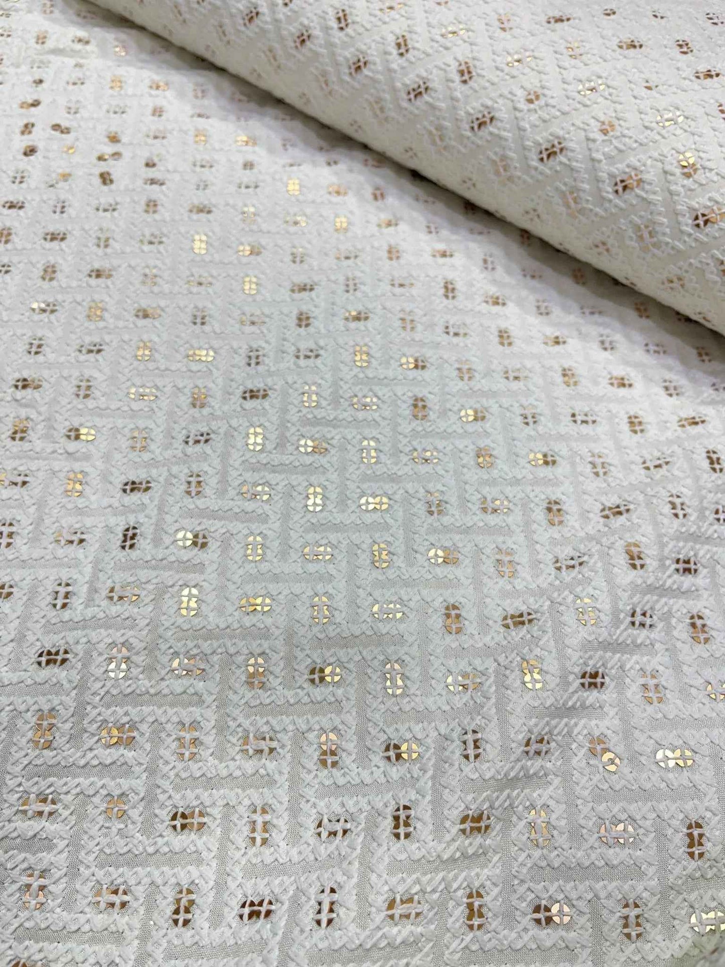 Pastel Sequins Cotton Chikan Fabrics – “Dusky Amethyst”, “Champagne Lace”, “Verdant Whisper”, “Eclipse Silver”, “Blushed Petal” | 58” Wide | Soft & Breathable | Kurta Perfection