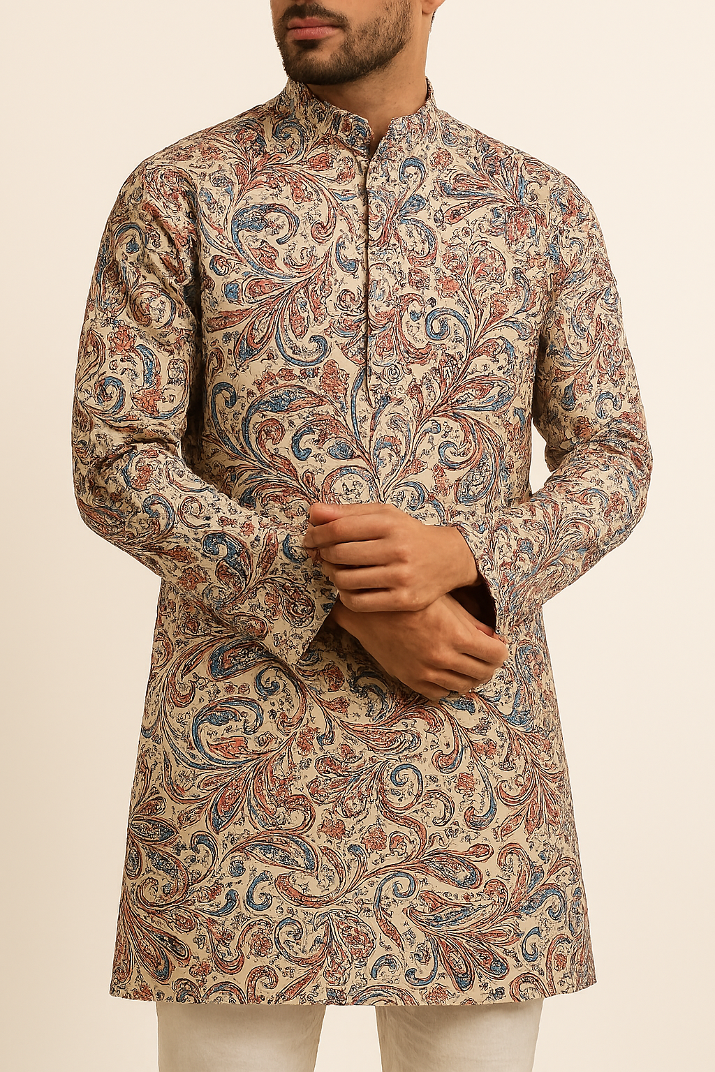 Premium Addi/Paper Cotton Jacquard Kurta Fabric – Intricate Red, Blue & Beige Pattern, 58" Wide