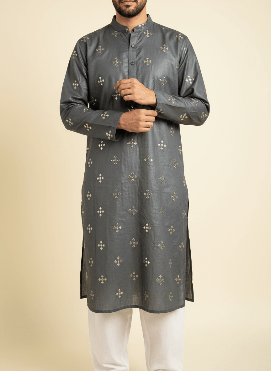 Premium 58" Dark Grey Paper Cotton (Addi) Sequin Design Fabric – Perfect for Well - Stitched Kurtas - Poshak Fabrics