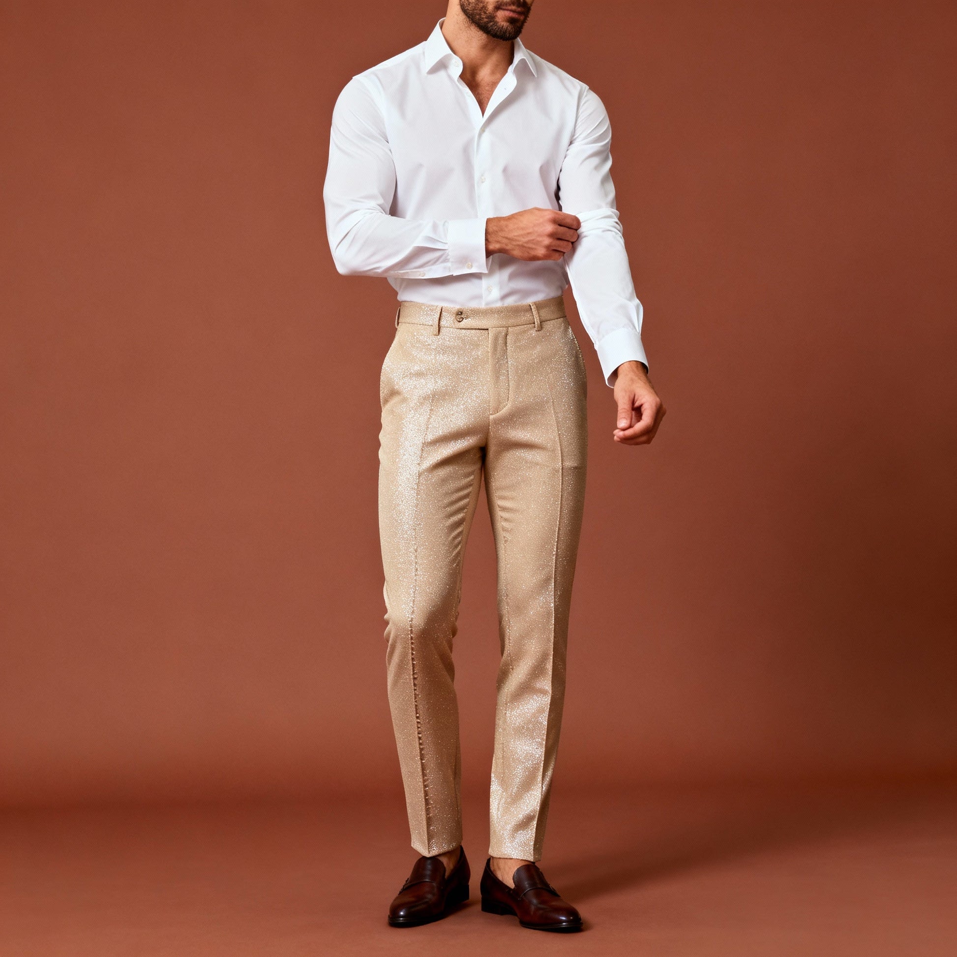 Premium 58" Sambodhi Camay Shiny Beige Suiting Fabric – For Impeccably Tailored Party & Formal Wear - Poshak Fabrics