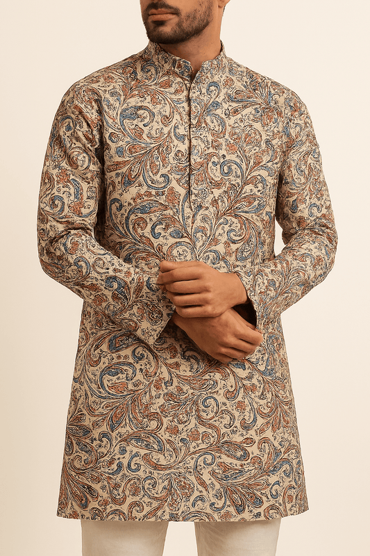 Premium Addi/Paper Cotton Jacquard Kurta Fabric – Intricate Red, Blue & Beige Pattern, 58" Wide - Poshak Fabrics