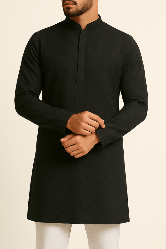 Premium Black Addi/Paper Cotton Geometric Jacquard Kurta Fabric – 58" Wide, Superior Stitching Quality - Poshak Fabrics