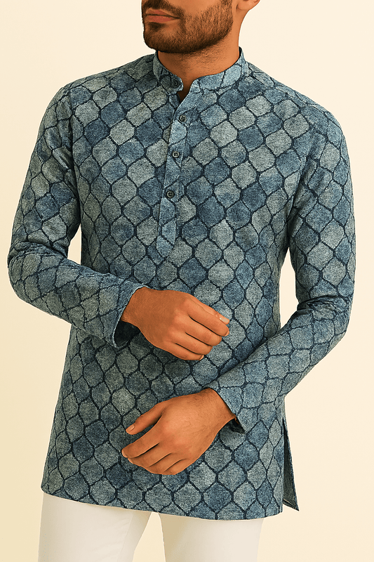 Premium Blue & Grey Geometric Print Addi/Paper Cotton Kurta Fabric – Ultra - Breathable, 58" Wide - Poshak Fabrics