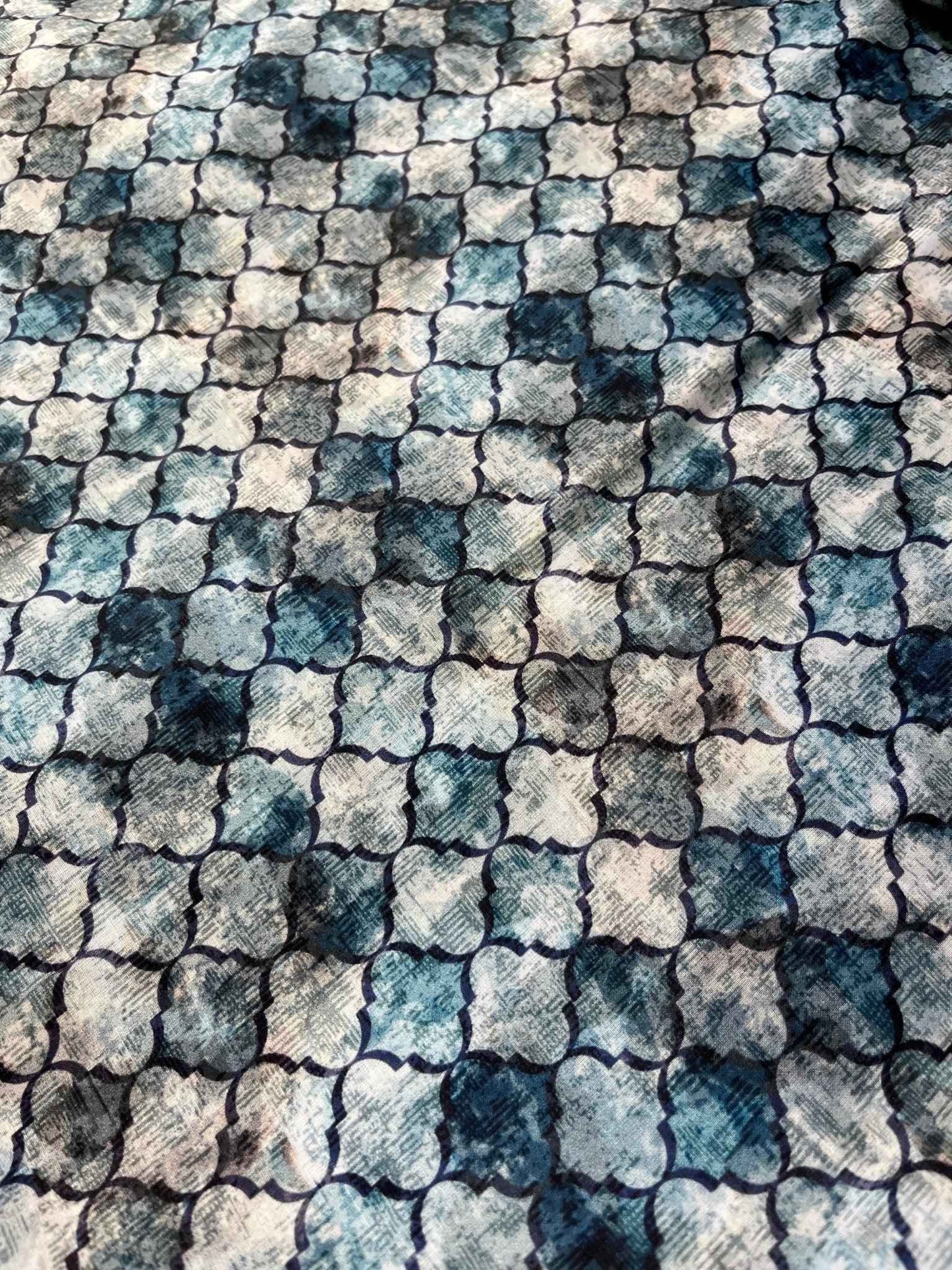 Premium Blue & Grey Geometric Print Addi/Paper Cotton Kurta Fabric – Ultra-Breathable, 58" Wide