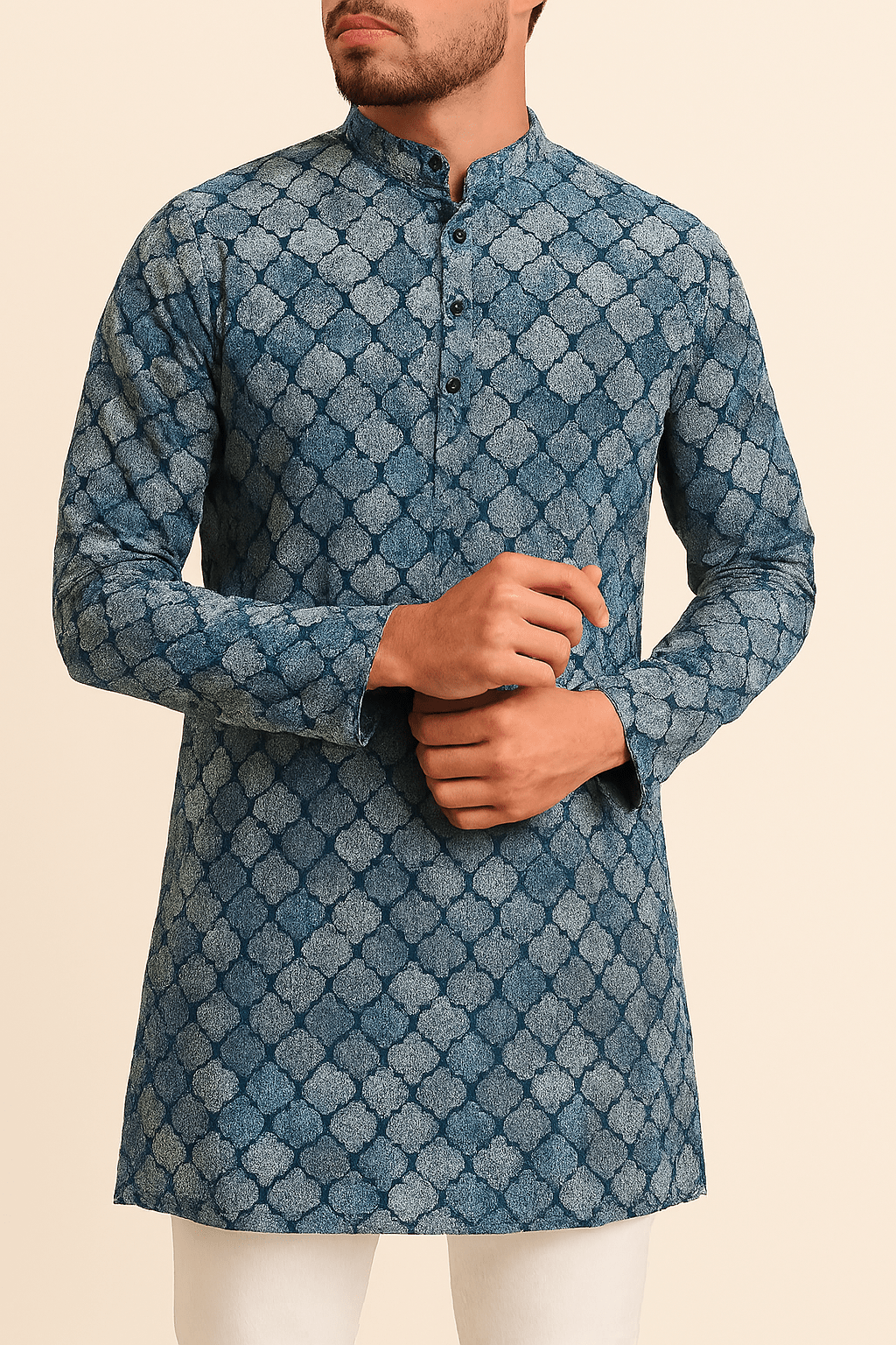 Premium Blue & Grey Geometric Print Addi/Paper Cotton Kurta Fabric – Ultra - Breathable, 58" Wide - Poshak Fabrics