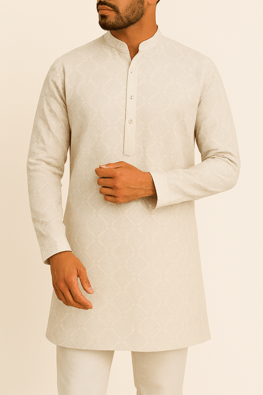 Premium Cream Addi/Paper Cotton Jacquard Print Kurta Fabric – 58” Width for Ultra - Light Tailoring - Poshak Fabrics