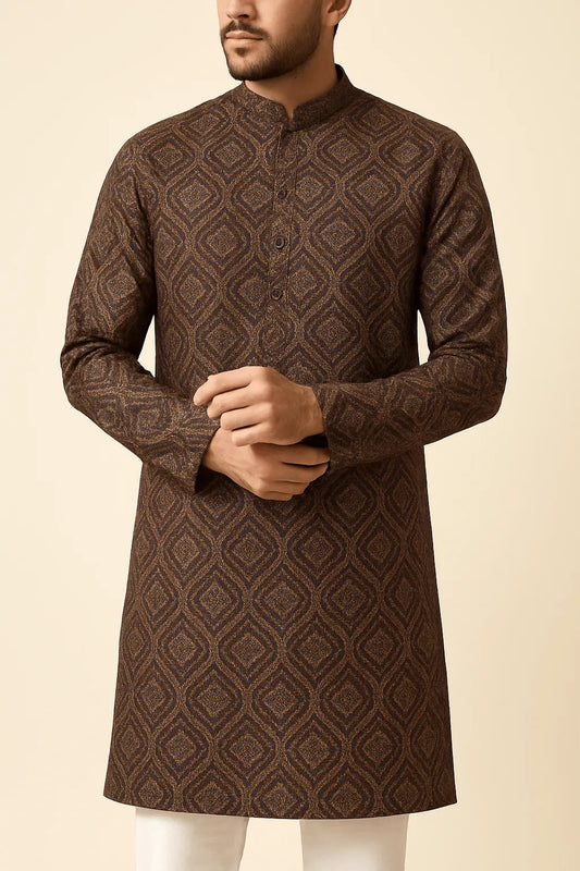 Premium Golden Maroon Geometric Sparkled Print Mix - Cotton Kurta Fabric – 36” Width for Fine Tailoring - Poshak Fabrics
