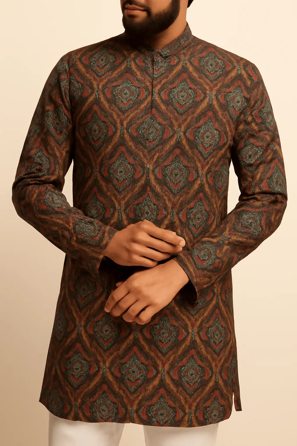 Premium Golden Maroon Geometric Sparkled Print Mix - Cotton Kurta Fabric – 36” Width for Fine Tailoring - Poshak Fabrics