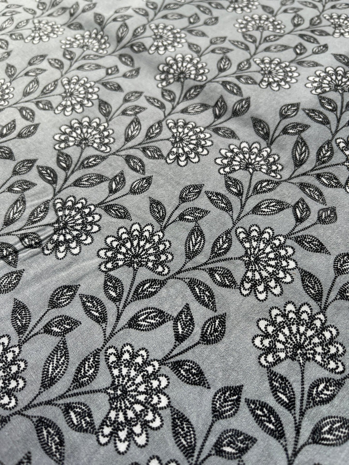 Premium Grey Addi/Paper Cotton Kurta Fabric with Black Floral Print – Ultra - Light & Breathable, 58" Wide - Poshak Fabrics
