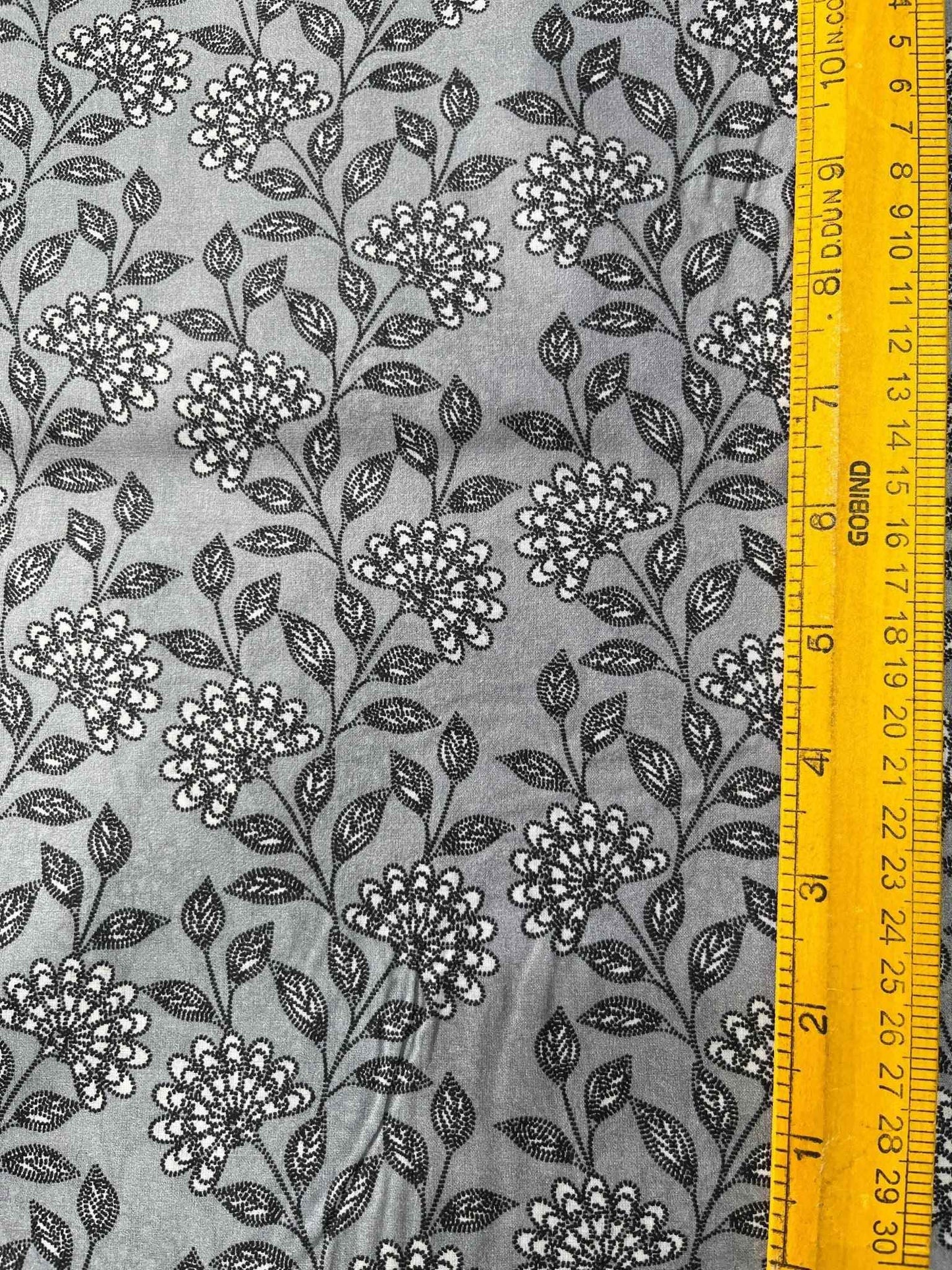 Premium Grey Addi/Paper Cotton Kurta Fabric with Black Floral Print – Ultra-Light & Breathable, 58" Wide