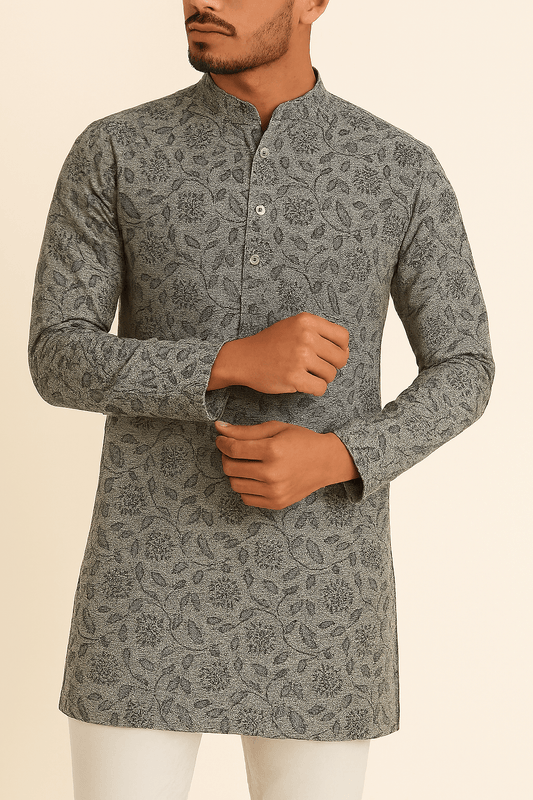 Premium Grey Addi/Paper Cotton Kurta Fabric with Black Floral Print – Ultra - Light & Breathable, 58" Wide - Poshak Fabrics