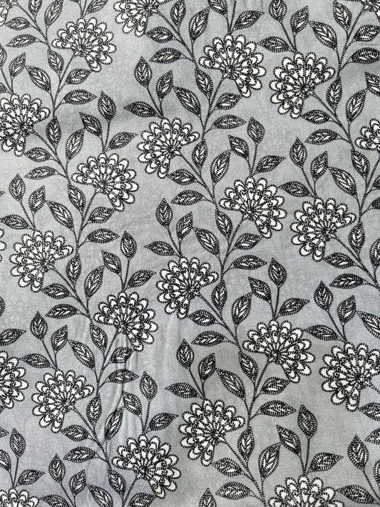 Premium Grey Addi/Paper Cotton Kurta Fabric with Black Floral Print – Ultra - Light & Breathable, 58" Wide - Poshak Fabrics