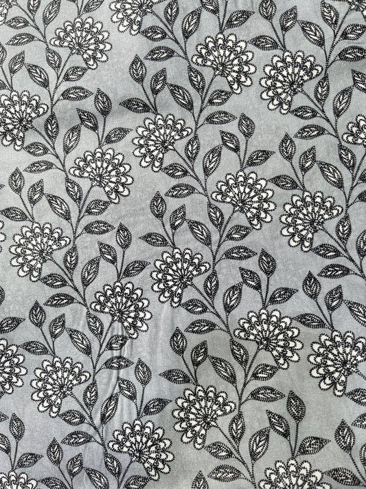 Premium Grey Addi/Paper Cotton Kurta Fabric with Black Floral Print – Ultra - Light & Breathable, 58" Wide - Poshak Fabrics