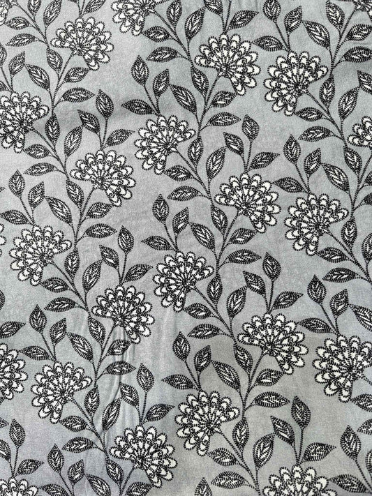 Premium Grey Addi/Paper Cotton Kurta Fabric with Black Floral Print – Ultra-Light & Breathable, 58" Wide