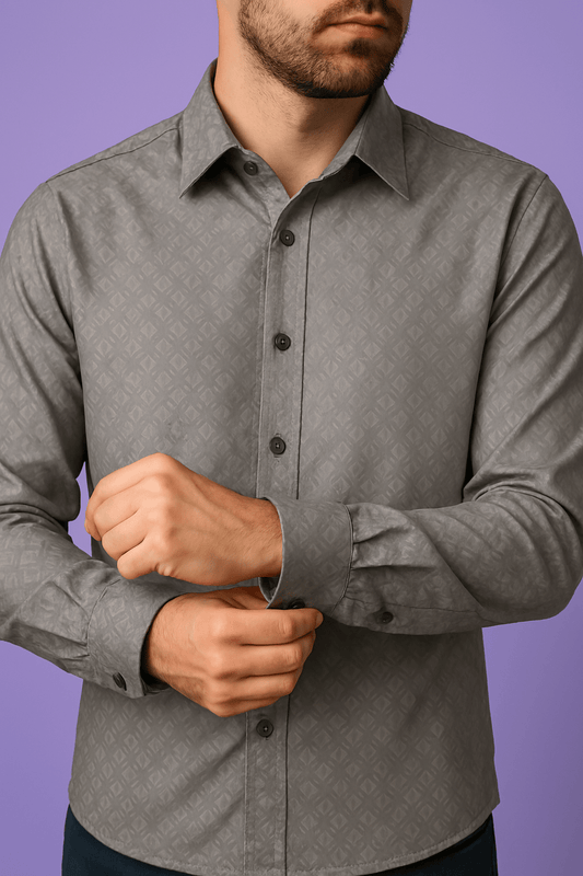 Premium Grey Cotton Jacquard Print Fabric – 58" Wide | Ideal for Well - Stitched Shirts & Kurtas - Poshak Fabrics