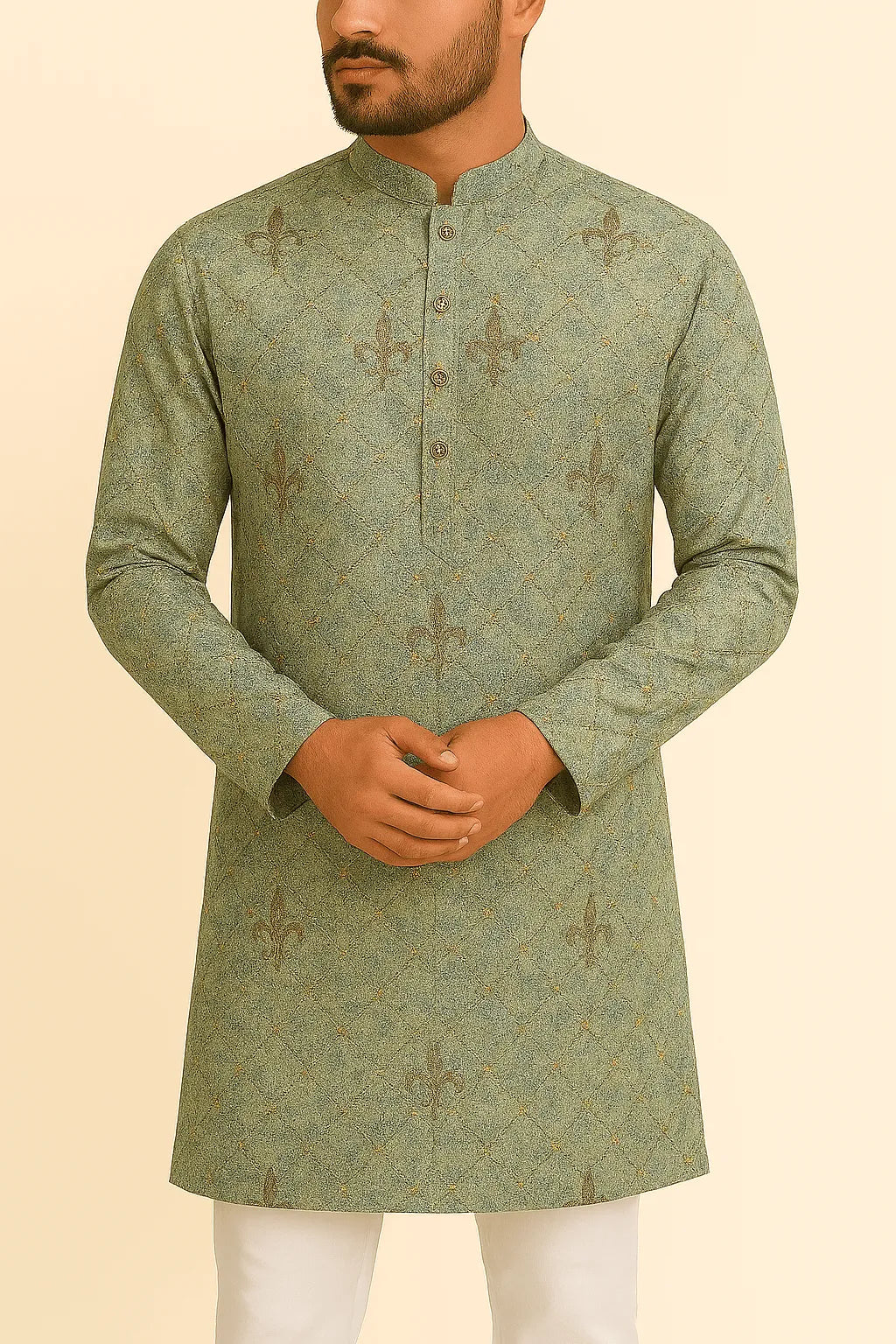 Premium Light Olive Green & Cream Mix - Cotton Sequin Print Kurta Fabric – 36” Width for Impeccable Tailoring - Poshak Fabrics