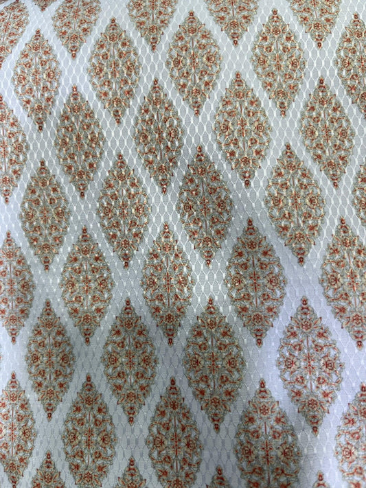 Premium Peach - White Geometric Mix - Cotton Dobby Print Kurta Fabric – 36” Width for Tailored Perfection - Poshak Fabrics