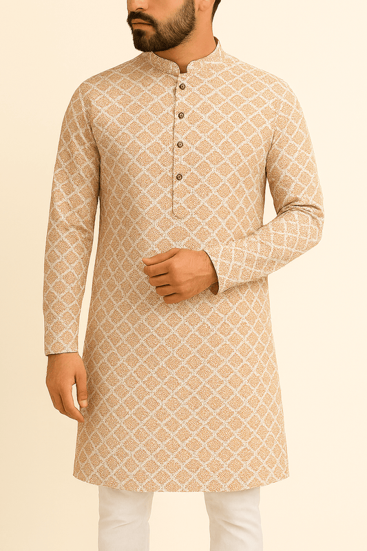 Premium Peach - White Geometric Mix - Cotton Dobby Print Kurta Fabric – 36” Width for Tailored Perfection - Poshak Fabrics