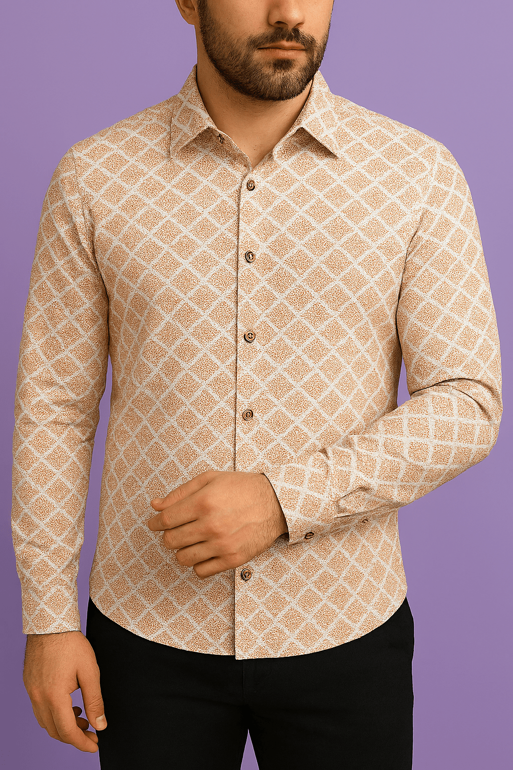 Premium Peach - White Geometric Mix - Cotton Dobby Print Shirt Fabric – 36” Width for Fine Stitching - Poshak Fabrics