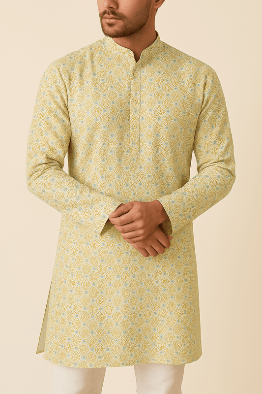 Premium Satin Cotton Printed Fabric for Shirts & Kurtas – 58" Wide | Intricate Gold Motif Design - Poshak Fabrics