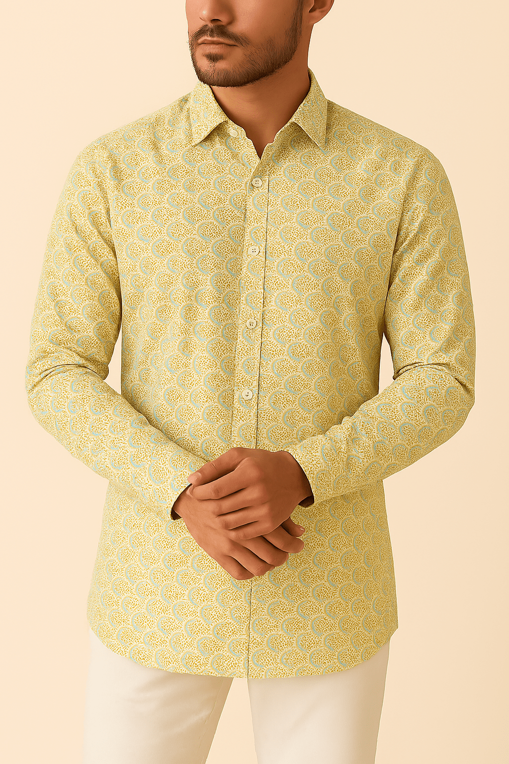Premium Satin Cotton Printed Fabric for Shirts & Kurtas – 58" Wide | Intricate Gold Motif Design - Poshak Fabrics