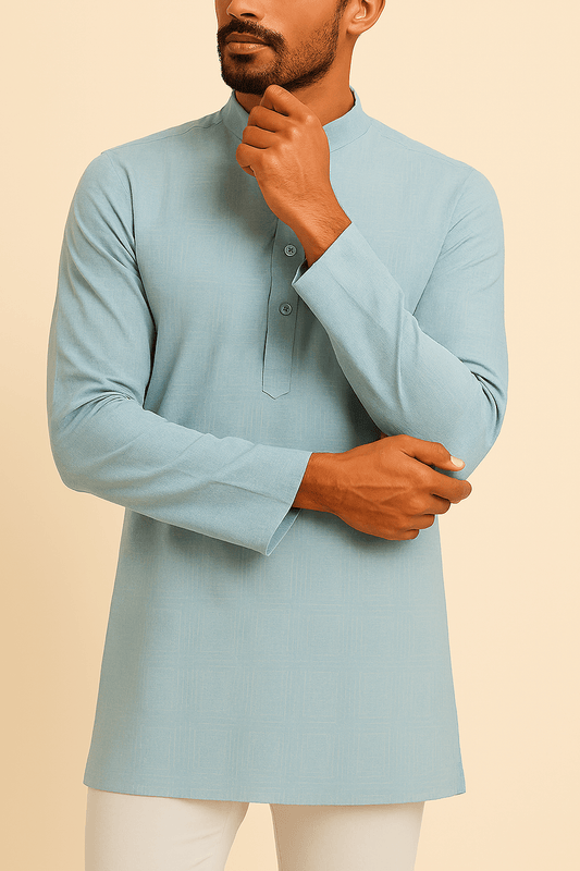 Premium Sky Blue Addi/Paper Cotton Self - Patterned Kurta Fabric – Ultra - Breathable, 58" Wide - Poshak Fabrics
