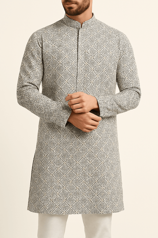 Premium White Cotton Mix Geometric Print Fabric | 58" Wide | Ideal for Shirts & Kurtas - Poshak Fabrics