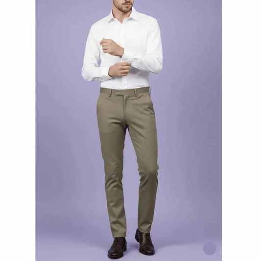 Man wearing a white dress shirt and olive green pants against a light purple background