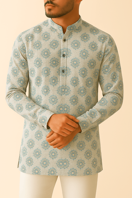Sky Blue & Olive Medallion Cotton - Mix Dobby Print Fabric – 36" Width – For Custom Shirts & Kurtas - Poshak Fabrics