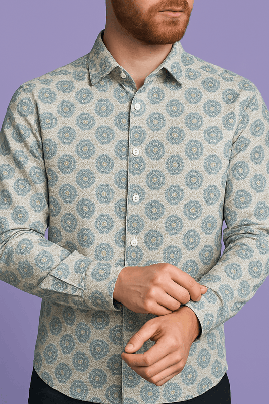 Sky Blue & Olive Medallion Cotton - Mix Dobby Print Fabric – 36" Width – For Custom Shirts & Kurtas - Poshak Fabrics