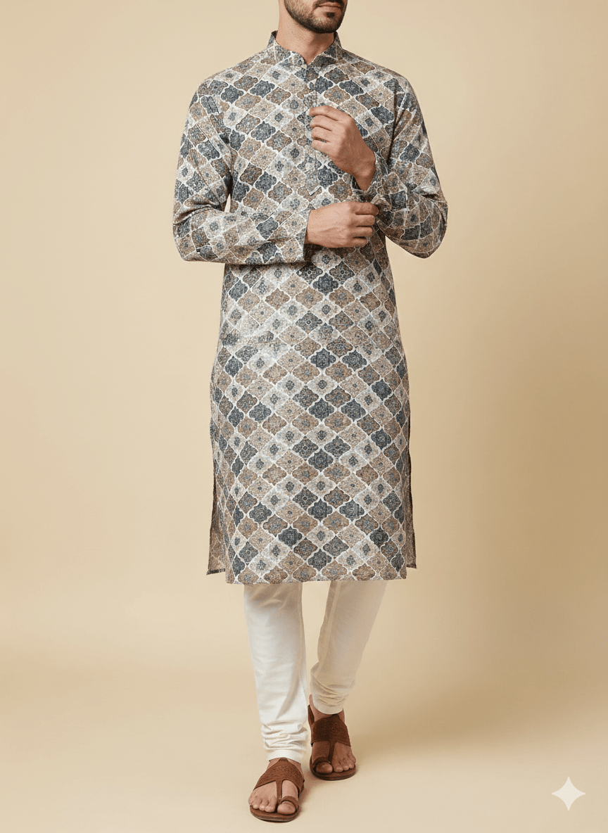Taupe - Grey Multicolour Sequins Premium Cotton Chikan Fabric – 58” Wide, Buttery Soft & Breathable – Tailored for Kurta Perfection - Poshak Fabrics