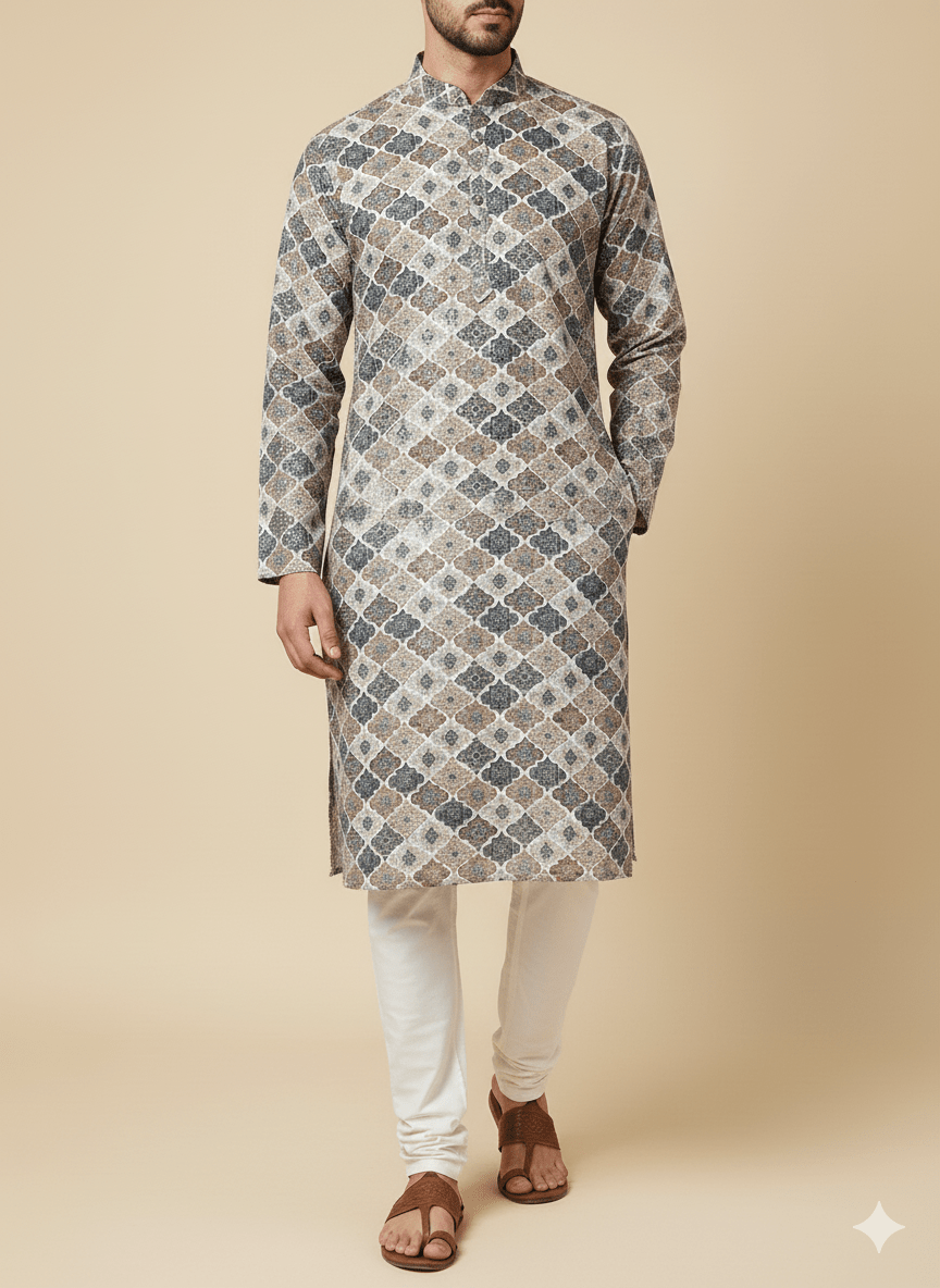 Taupe - Grey Multicolour Sequins Premium Cotton Chikan Fabric – 58” Wide, Buttery Soft & Breathable – Tailored for Kurta Perfection - Poshak Fabrics