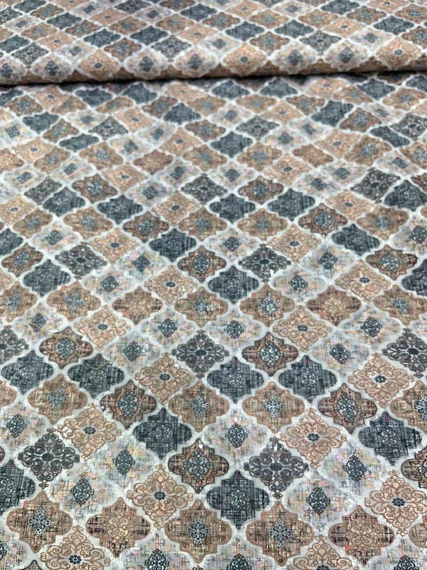 Taupe-Grey Multicolour Sequins Premium Cotton Chikan Fabric – 58” Wide, Buttery Soft & Breathable – Tailored for Kurta Perfection