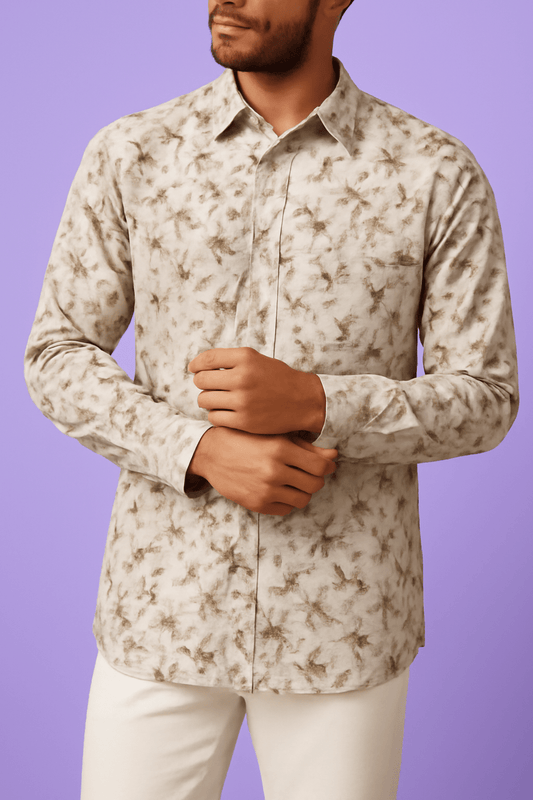 Warm Beige Leaf Print Cotton - Mix Fabric – 36" Width – Premium Soft Finish - Poshak Fabrics