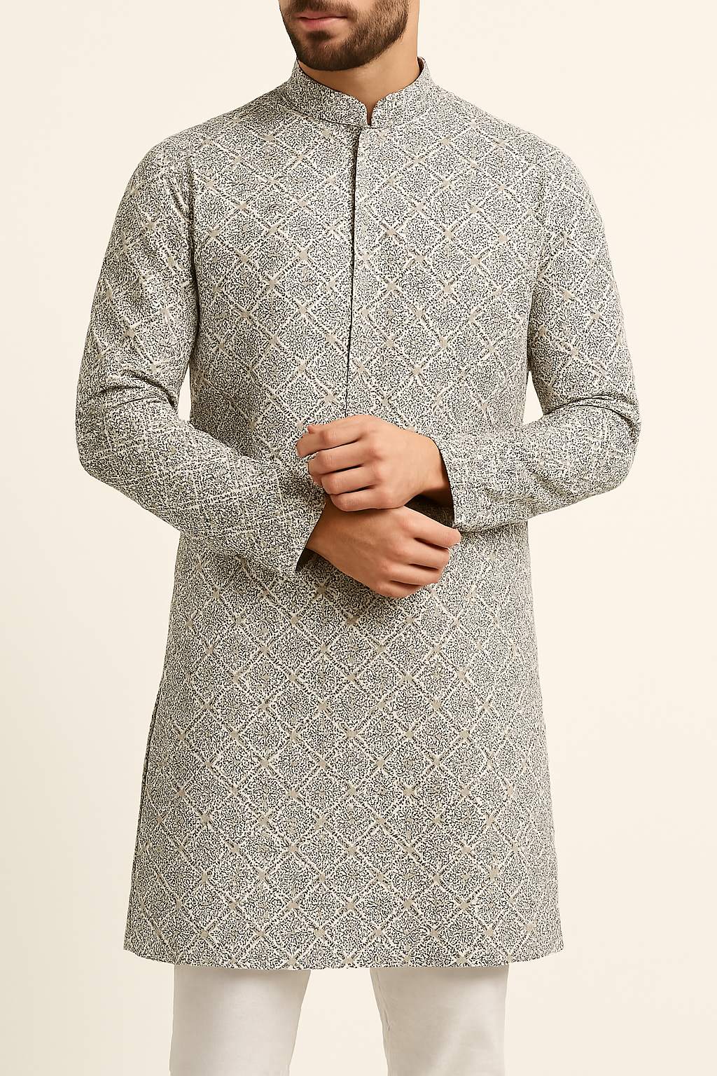 Premium White Cotton Mix Geometric Print Fabric | 58" Wide | Ideal for Shirts & Kurtas