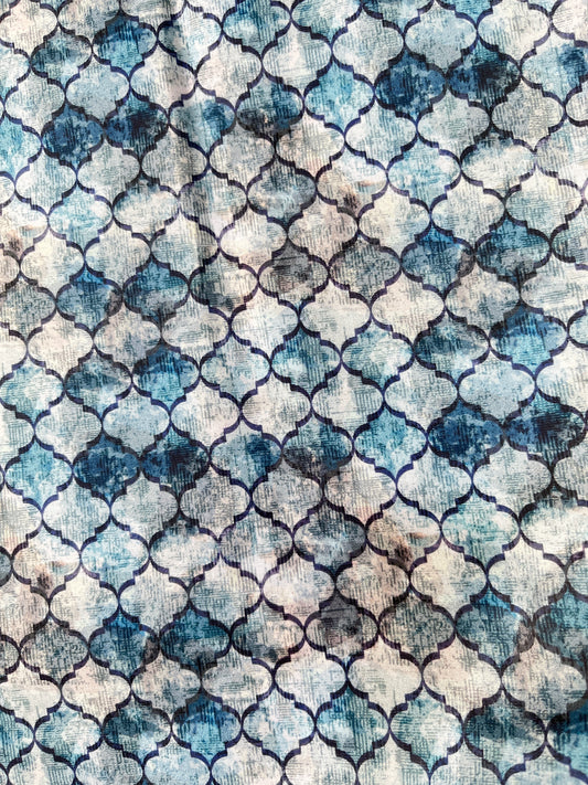 Premium Blue & Grey Geometric Print Addi/Paper Cotton Kurta Fabric – Ultra-Breathable, 58" Wide