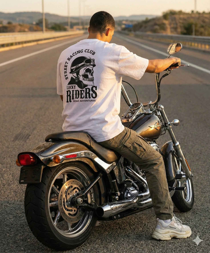 Lucky Riders - SPRY by Poshak Men’s White Oversize T-Shirt – 240 GSM DTF, Front Logo & Biker Back Print
