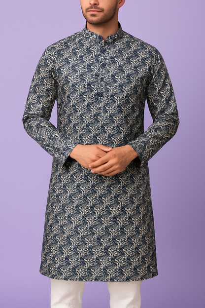 Premium Blue-White Floral Mix-Cotton Print Kurta Fabric – 36” Width for Impeccable Tailoring