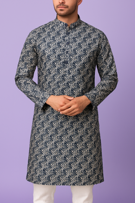Premium Blue-White Floral Mix-Cotton Print Kurta Fabric – 36” Width for Impeccable Tailoring