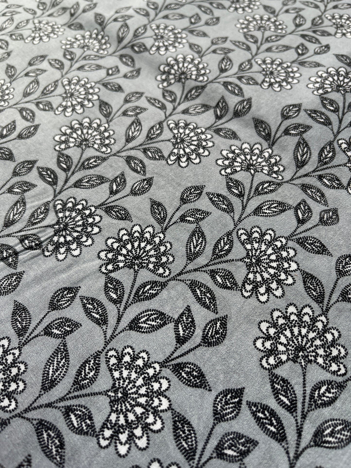 Premium Grey Addi/Paper Cotton Kurta Fabric with Black Floral Print – Ultra-Light & Breathable, 58" Wide